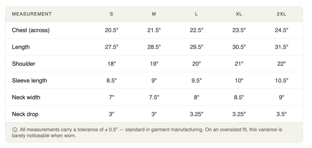 LURI size chart — all measurements in inches