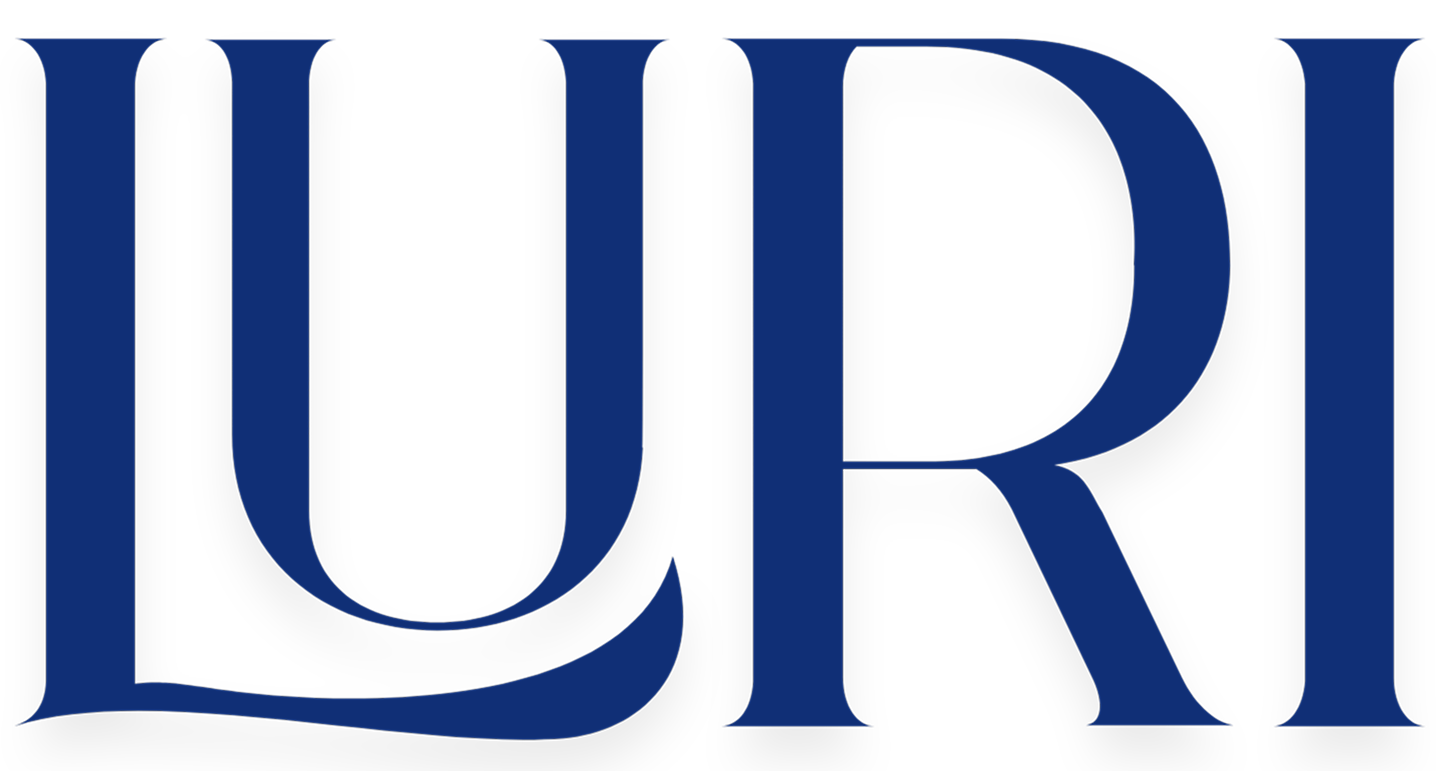 LURI logo in navy blue on a black background