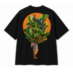 Luri Tropical Soul Graphic Oversized Tee in black — flat lay back view showing full illustrated print of tropical figure with banana leaves, macaw parrots and orange sun circle on premium Supima Cotton