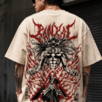 Man wearing Luri Bankai anime graphic oversized t-shirt — cream unisex dark anime streetwear tee with grunge Bankai release warrior illustration, red flame energy and Japanese kanji script, back view