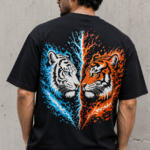 Man wearing Luri Dual Tiger Ice and Fire graphic oversized t-shirt — black unisex streetwear tee with split white tiger and orange tiger back print, back view