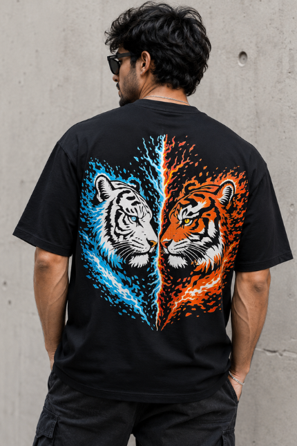 Man wearing Luri Dual Tiger Ice and Fire graphic oversized t-shirt — black unisex streetwear tee with split white tiger and orange tiger back print, back view