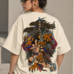Woman wearing Luri Garuda Mythology graphic oversized t-shirt — cream unisex tee with ukiyo-e style Hindu mythology illustration of Garuda eagle with divine figure, golden claws and Sanskrit text, back view