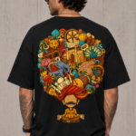 Man wearing Luri India Mind graphic oversized t-shirt — black unisex tee with vibrant Indian culture doodle art featuring meditating rajasthani figure, elephant, lotus, peacock and temple, back view