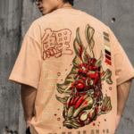 Man wearing Luri Koi Rising graphic oversized t-shirt in peach — unisex tee with armoured red and gold Koi fish illustration, Japanese kanji 鯉 and virtue words Strength Prosperity Determination Perseverance Fortune, back view