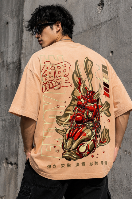 Man wearing Luri Koi Rising graphic oversized t-shirt in peach — unisex tee with armoured red and gold Koi fish illustration, Japanese kanji 鯉 and virtue words Strength Prosperity Determination Perseverance Fortune, back view