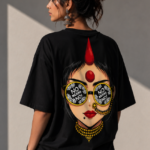 Woman wearing Luri No Means No graphic oversized t-shirt in black — feminist empowerment tee with Indian woman pop-art back print, bindi, choker necklace and No Means No sunglasses, back view full