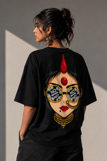 Woman wearing Luri No Means No graphic oversized t-shirt in black — feminist empowerment tee with Indian woman pop-art back print, bindi, choker necklace and No Means No sunglasses, back view full