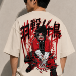 Man wearing Luri Red Striker anime graphic oversized t-shirt — cream unisex dark streetwear tee with hooded masked figure in red jacket, power crouch pose, red energy lines and Japanese kanji, back view
