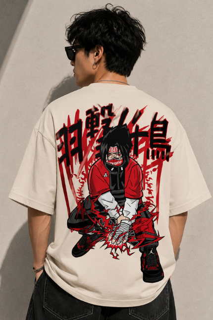 Man wearing Luri Red Striker anime graphic oversized t-shirt — cream unisex dark streetwear tee with hooded masked figure in red jacket, power crouch pose, red energy lines and Japanese kanji, back view