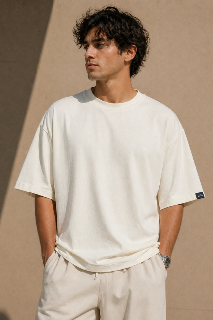 Man wearing Luri Signature Oversized Tee in black — premium unisex 260 GSM Mercerized Supima Cotton t-shirt, front view, clean minimal boxy oversized fit