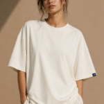 Woman wearing Luri Signature Oversized Tee in off-white — premium unisex 260 GSM Supima Cotton t-shirt, front view, relaxed oversized fit with matching cream co-ord set