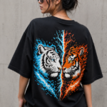 Woman wearing Luri Dual Tiger Ice and Fire graphic oversized t-shirt — black unisex streetwear tee with dual tiger back print in blue and orange, back view